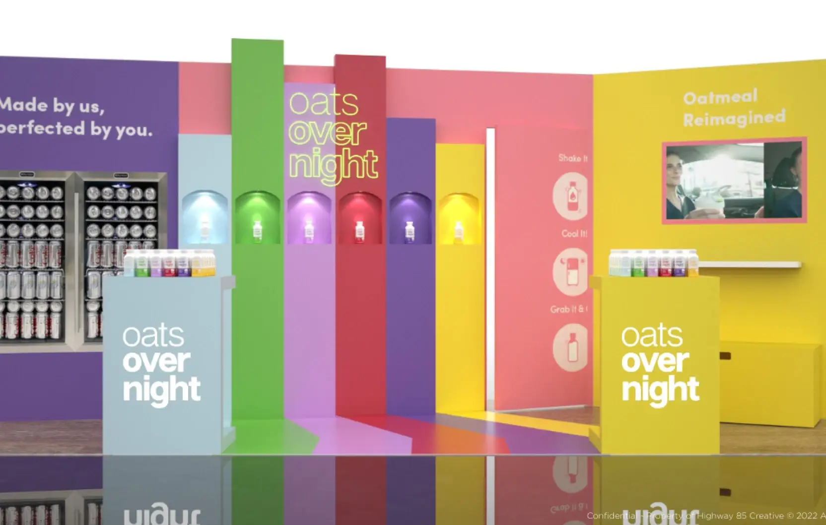 Oats Overnight's booth at Expo West featuring vibrant graphics and interactive elements.