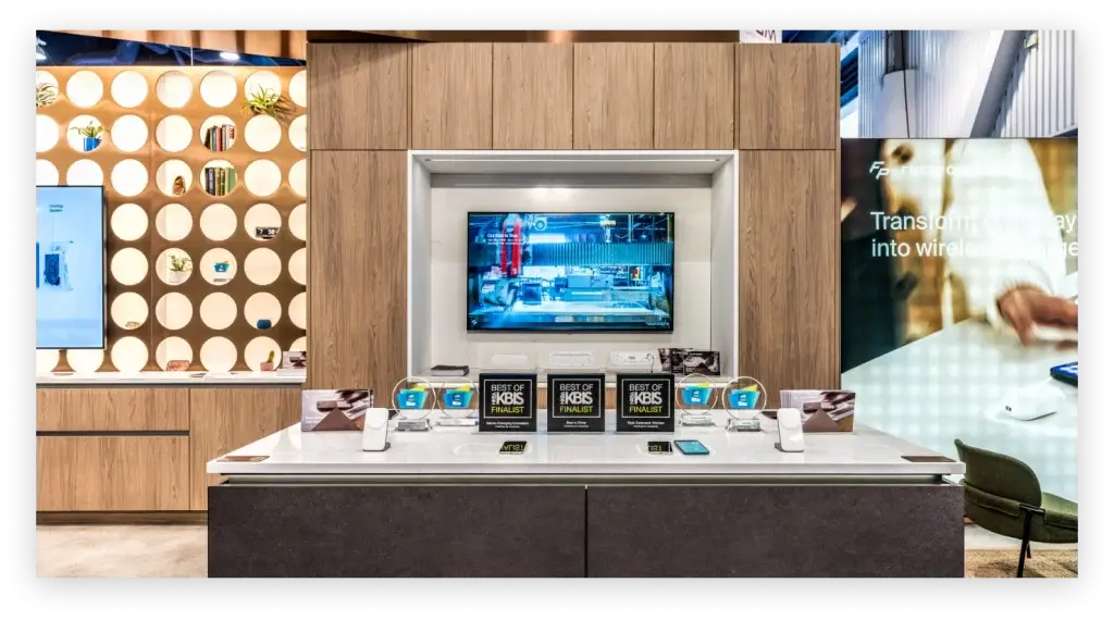 Front view of Freepower's trade show booth at KBIS 2024 designed by Highway 85 Creative.