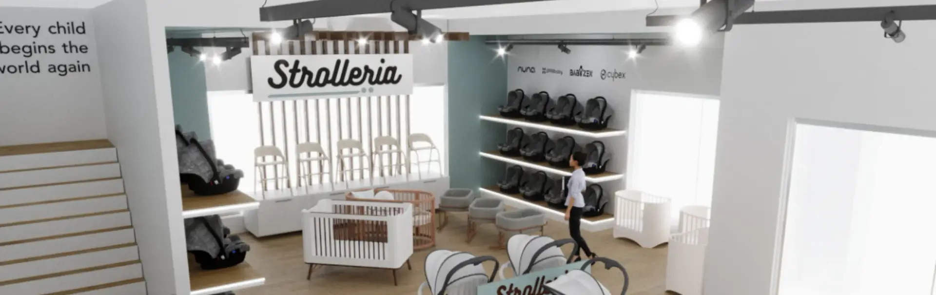 Detailed view of Strolleria's product vignette display showcasing strollers and baby products.