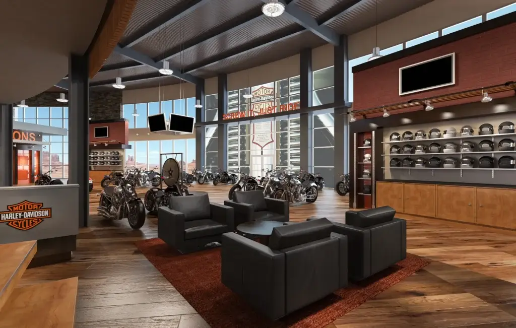 Interior revamp of Harley-Davidson dealership by Highway 85 Creative