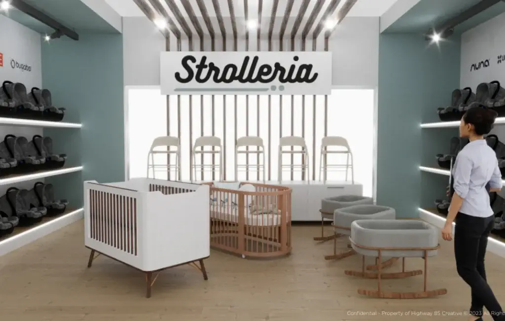 Wide shot of the Strolleria showroom layout featuring strategic product placement and design.