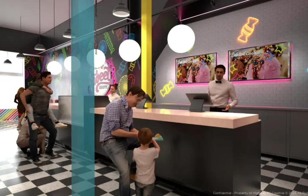 Counter area of Jake's Sweet Shoppe with vibrant design elements.