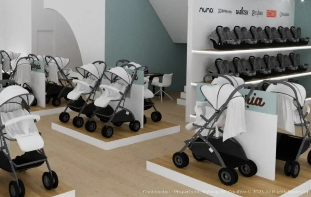 Strolleria's diverse range of strollers showcased in the showroom with vibrant displays.