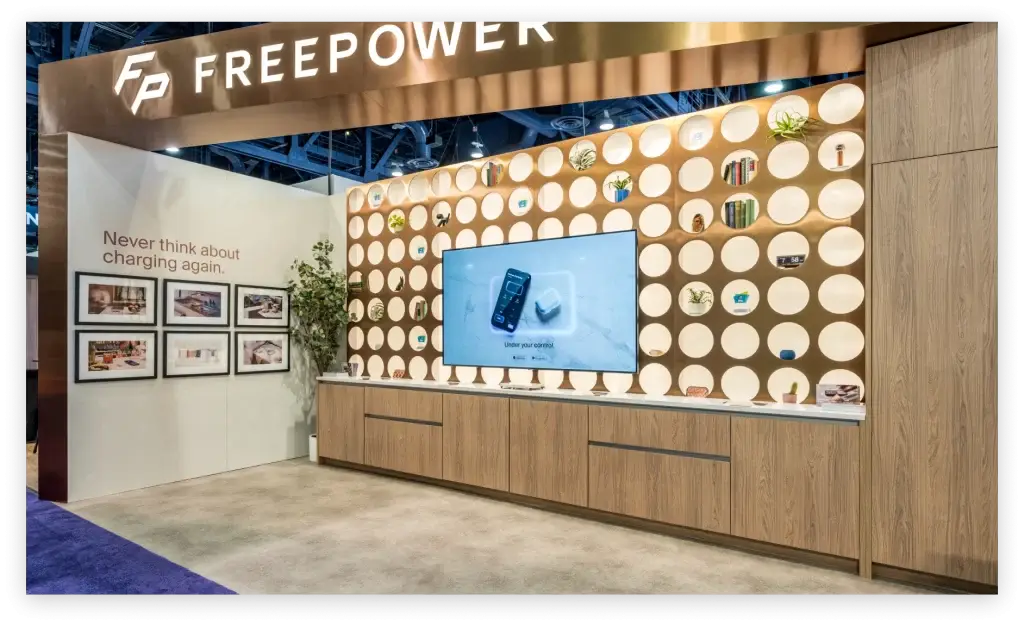 Award-winning design of Freepower's booth highlighting innovative products.