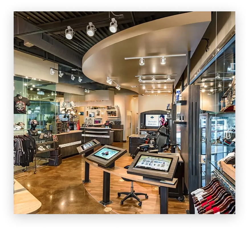 Unique amenities including a tattoo parlor and wedding chapel at Harley-Davidson dealership
